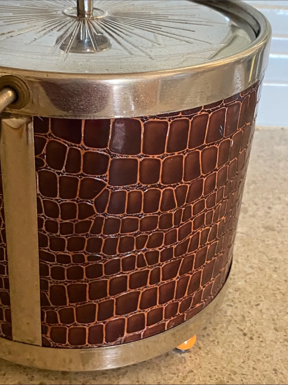 Vintage Brown Croc-Embossed Ice Bucket with Silver Tone Trim